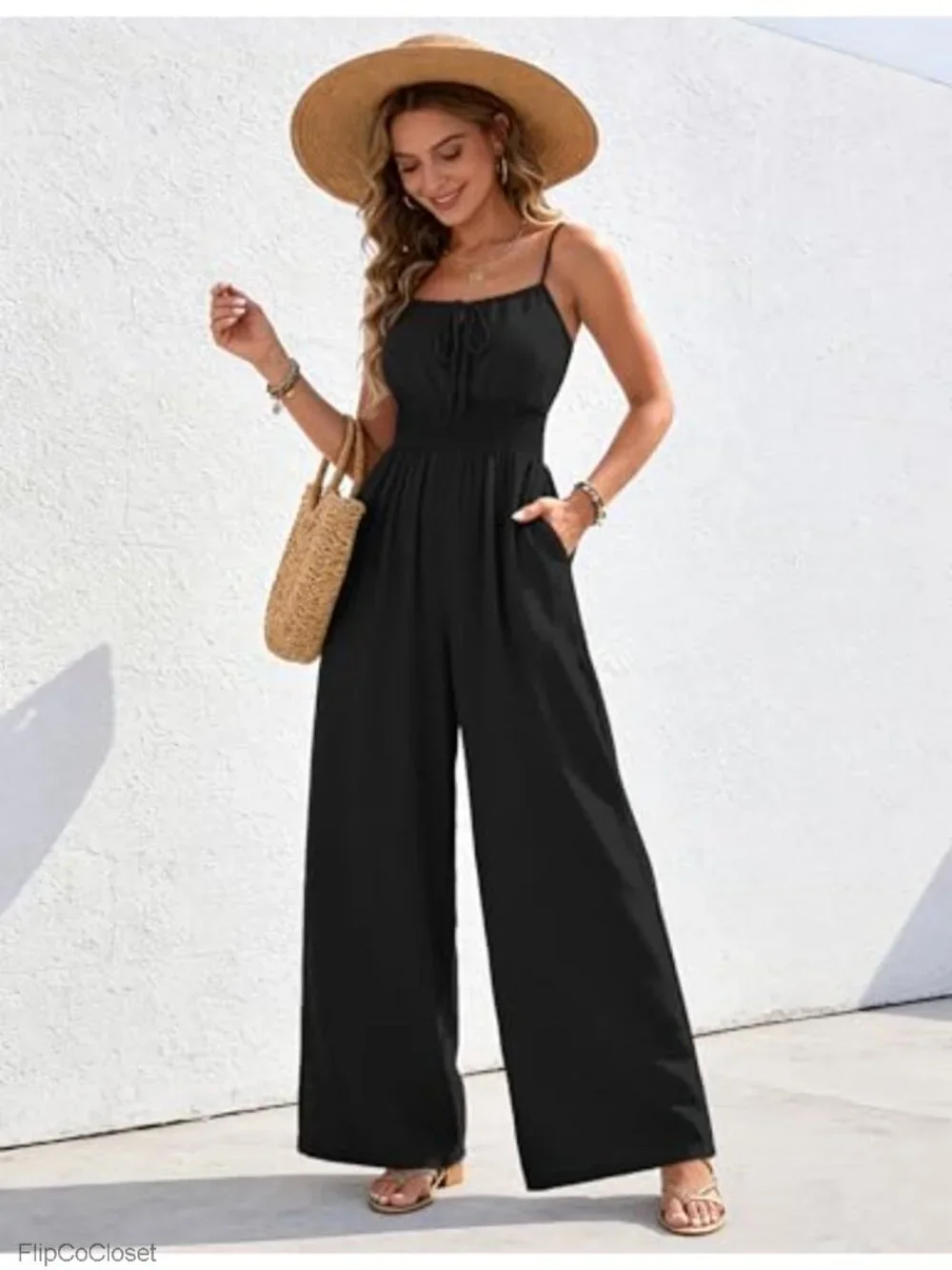 Womens Sleeveless Wide Leg Jumpsuit with Pockets Smocked Back Romper